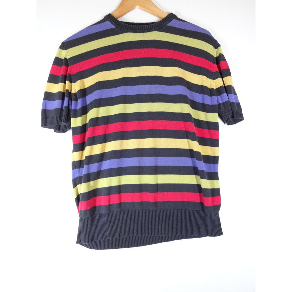 VTG Jones NY Silk Striped Sweater Womens XL Multi Color Short Sleeve Knit Top